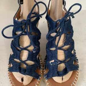 Etcetera Blue Denim Lace-Up Wedge Platform Sandals